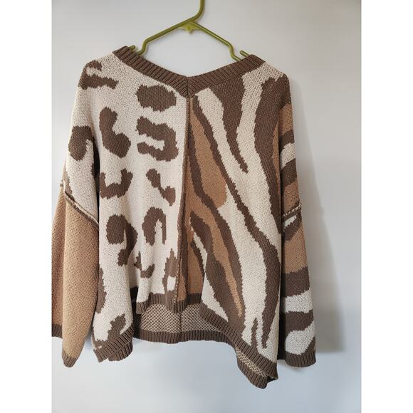 Pol Brown Cream Boho Oversized Mixed Animal Print Women's Sweater Size M - Picture 2 of 4